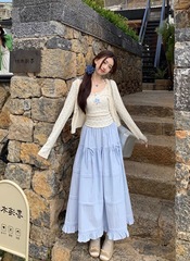 春秋新款甜美奶系穿搭吊带开衫纯欲辣妹碎花蓬蓬半身裙三件套装女