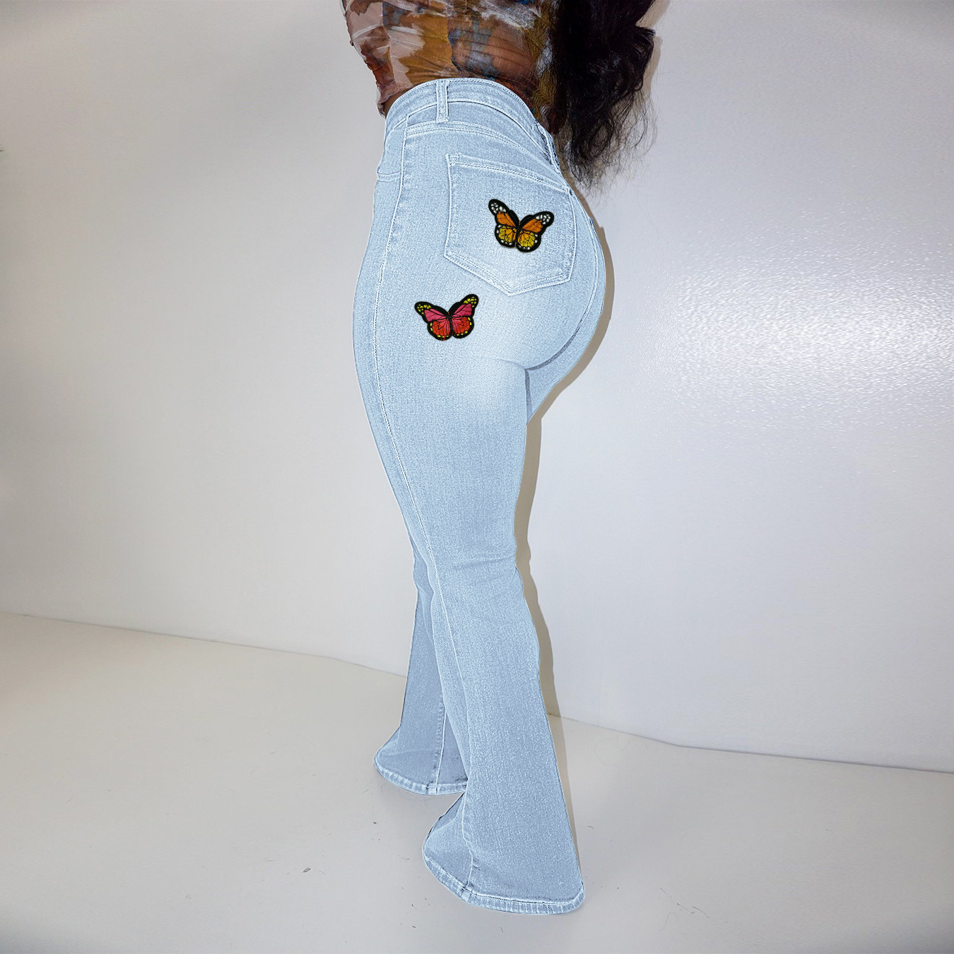 Elastic Embroidery Painting Bootcut Jeans NSWL112435