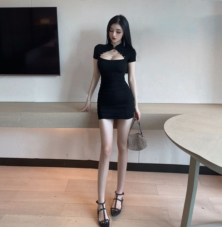 GraceChic 2023 Plus Size Women's Summer Sexy Hollow Out Slim Fit Bodycon Short Cheongsam Modified Dress Trendy_voghion.com