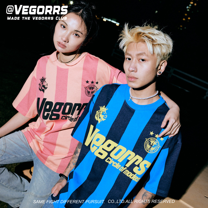 VEGORRS original retro Jersey estilo de manga corta Camiseta a rayas cuello redondo algodón hombres y mujeres misma moda media manga T8935