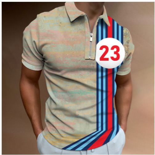 Cross-Border Manufacturer Supply 3D Digital Printing Casual Men's Golf Stripes Youth Casual Zipper Polo Shirt