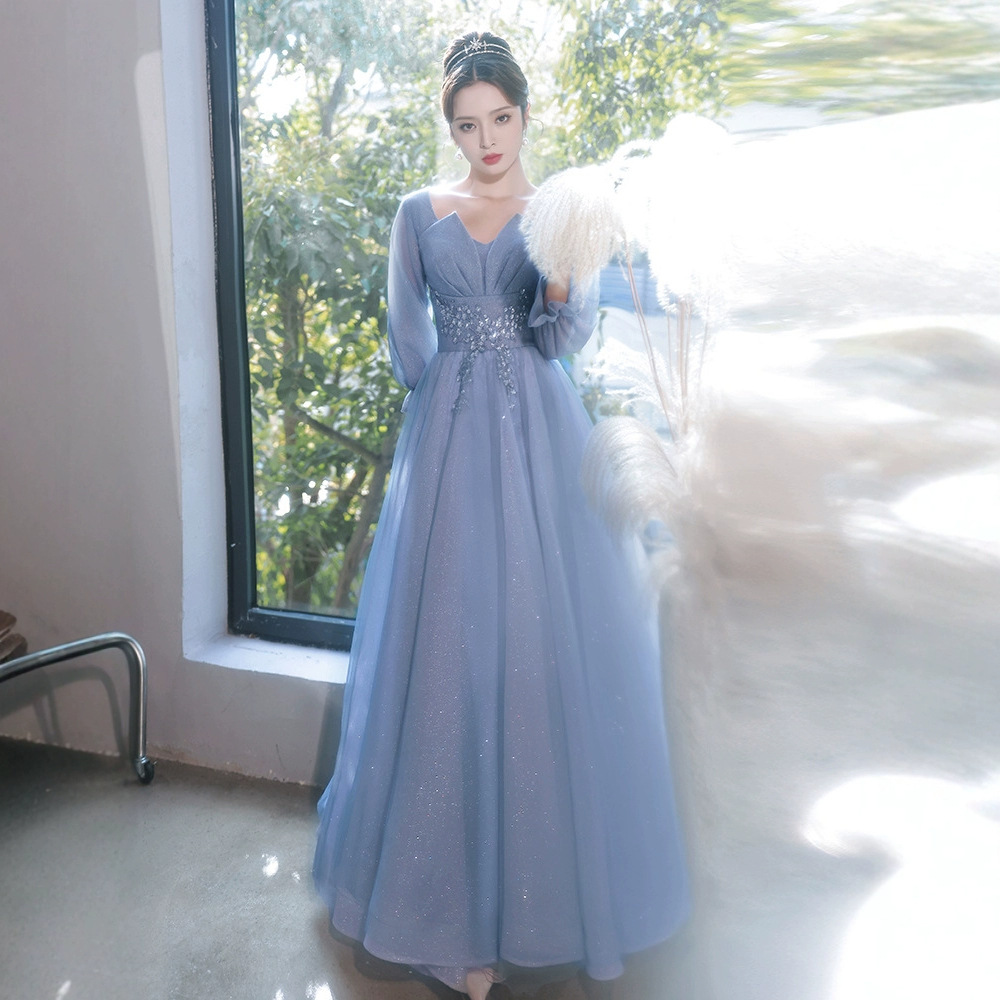 Art Test Evening Dress Women's Banquet Elegant Light Luxury Niche High-end French High-end Blue Long-sleeved Evening Host