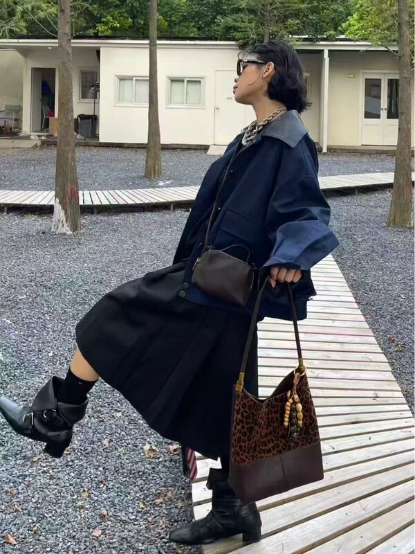 跨境麂皮绒拼接女大容量2025新款秋冬季复古单肩子母包通勤水桶包|undefined