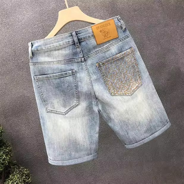 Light Blue Men's Distressed Denim Shorts High Waist Stylish Straight Leg Mid-Length Five Pocket Summer Trendy Clothing_mkmklike.com