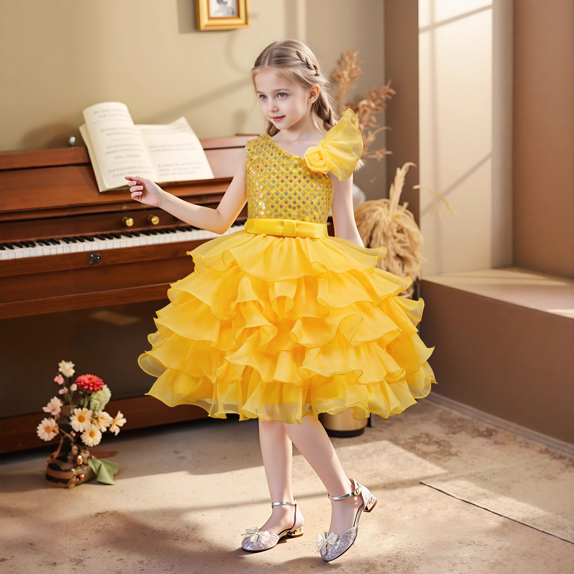 Nuevo vestido de aniversario de bebés de niñas de hombros inclinados para niños pequeños pastel de pompa corto vestido de espectáculo 390