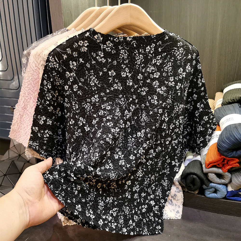 Áo thun cổ tròn tay ngắn hoa nhỏ cao cấp dáng rộng xếp ly nữ mùa hè — màu xanh nước biển, Màu đen, Màu hồng, Màu xám chi tiết 1