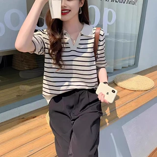 夏季新款polo领条纹针织T恤女2025新款简约韩版翻V领宽松上衣