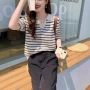 新款夏季v领条纹t恤