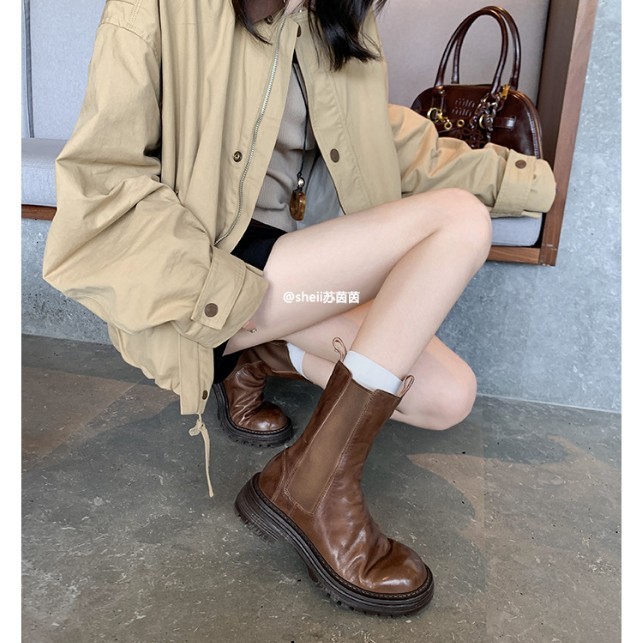 ins女团靴~水洗牛皮褶皱厚底增高切尔西弹力马丁短靴女烟筒靴秋冬|undefined