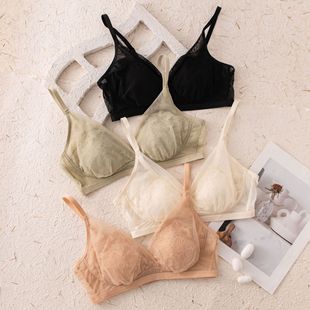 Spring and Summer Silk French Triangle Cup Mulberry Silk Sexy Rabbit Cup Intimates Big Breasts Showing Small Mesh Lace Triangle Cup