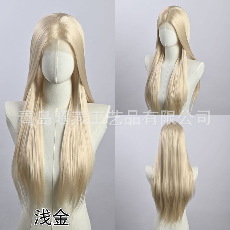 万用白金色13*4大面积手勾前额蕾丝全头套假发女cos自然手钩毛胚|undefined