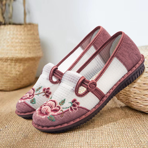 Cloth shoes for women  summer mesh breathable mom shoes one-leg soft sole women's shoes casual ethnic style embroidered shoes