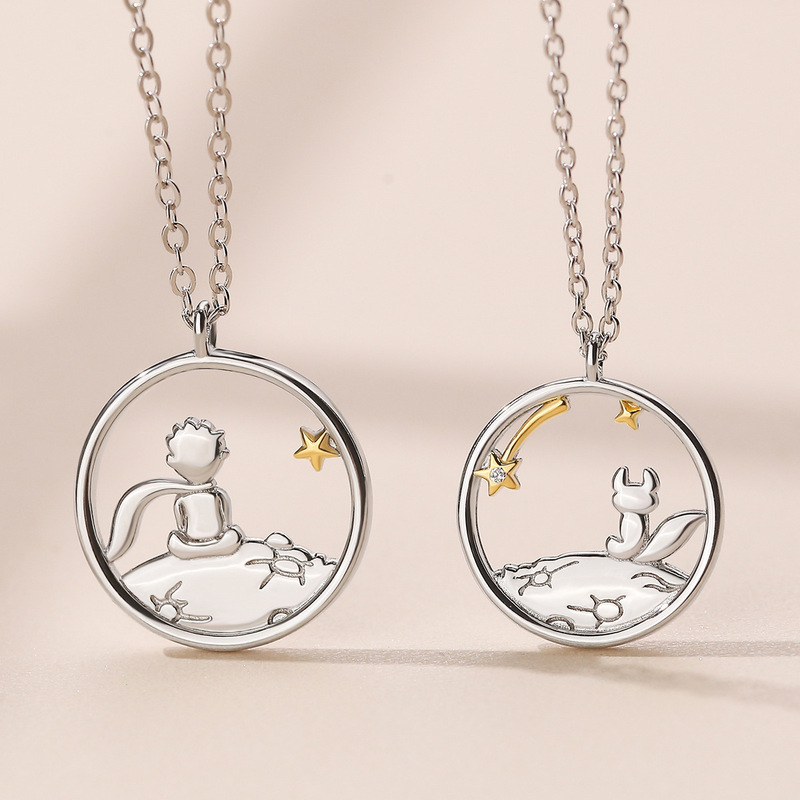 South Korea Fashion Stainless Steel Chain Little Prince and Little Fox Couple Girlfriend Necklace Cartoon Hollow Round Pendant South Korea Fashion Stainless Steel Chain Little Prince and Little Fox Couple Girlfriend Necklace Cartoon Hollow Round Pendant