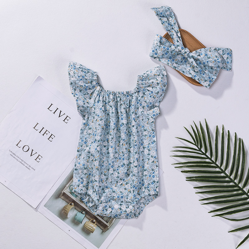 Brand children's clothing wholesale summer New newborn jumpsuit female baby flying sleeve floral sweater climbing jumpsuit