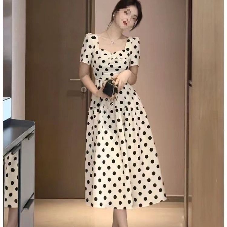 Đầm maxi nữ chấm bi phong cách Pháp tay ngắn suông rộng che khuyết điểm — màu đen, Trắng sữa chi tiết 5