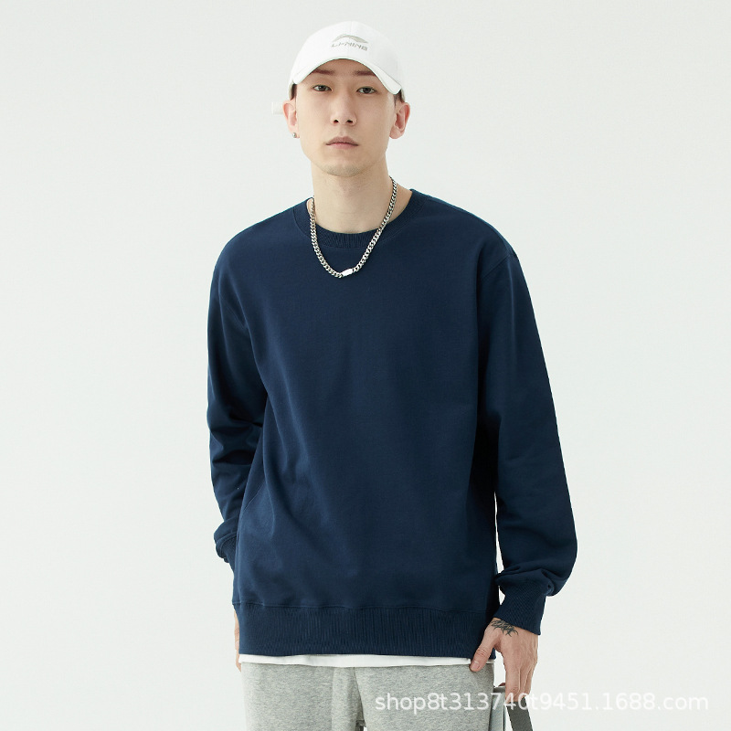 Chaqueta de manga larga con cuello redondo de rizo para otoño e invierno, de algodón puro, sin formación de bolitas, con hombros caídos, camisa publicitaria, ropa de trabajo, sudadera con impresión de logotipo personalizado.