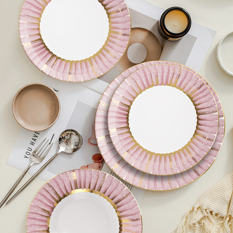 25-Year New Model Pink Phantom European-Style Bone China Dinnerware Set Hotel Western-Style Bone China with Gold Trim Dinner Plates