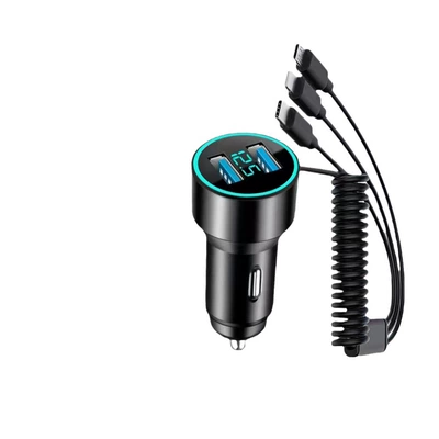 Factory one-to-five car charger aluminum alloy digital display car charger with one-to-three fast charging line super fast charging car charger (Mobil şarj cihazları) - digital-display-car-charger-15w-three-in-line