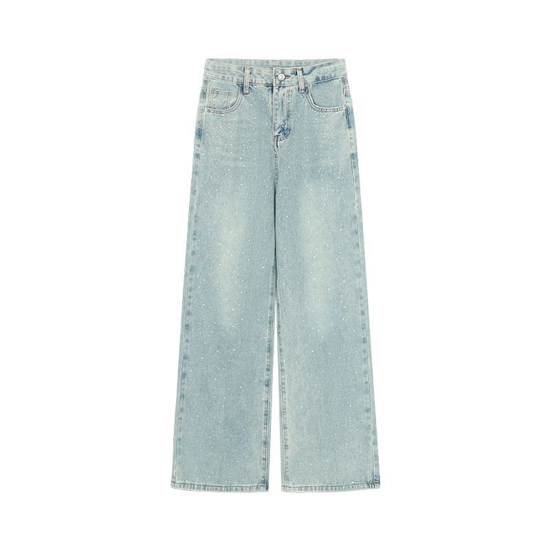 Damesjeans met wijde pijpen en strass-details - Hoge taille, losse pasvorm, rechte pijpen voor de herfst_voghion.com
