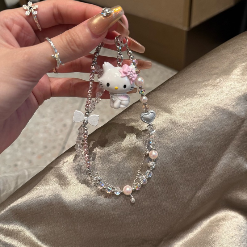 粉色蝴蝶结玛丽猫kitty串珠手机链少女心手机挂链钥匙扣链ccd挂件|undefined