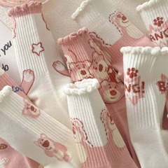 Pink Socks Girl Mid Calf Ins Trendy Matchable Autumn/Winter Korean Cute Bear Sweet Matchable Student Sports Socks