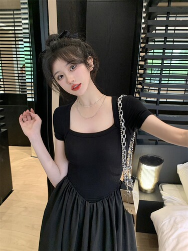 Large size Hepburn style square collar dress for women 2025 new summer fat mm belly-covering figure-flattering black long dress for women