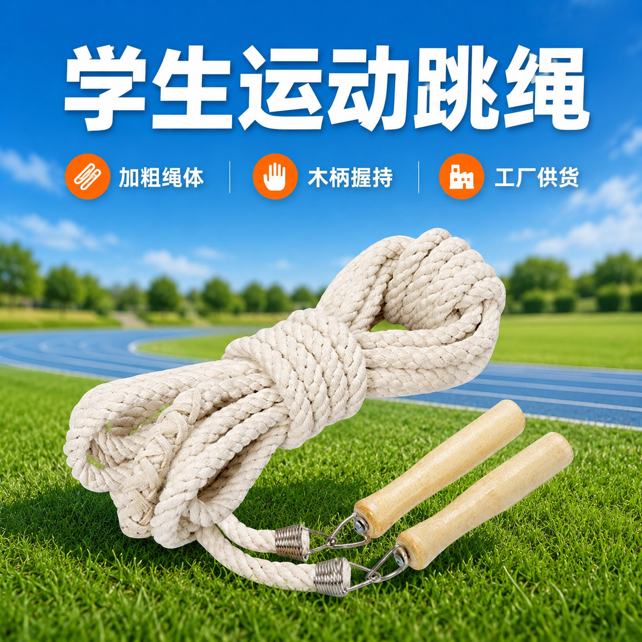 Student thick cotton rope jump rope with wooden handle for multi-person group long rope school training sports equipment wholesale from the source manufacturer