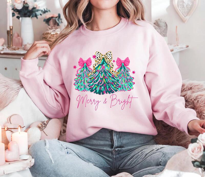 Cross-Border European Size Christmas Tree Sweatshirt Happy Bright Sweatshirt Pink Bow Print Round Neck Sweatshirt Cross-Border European Size Christmas Tree Sweatshirt Happy Bright Sweatshirt Pink Bow Print Round Neck Sweatshirt