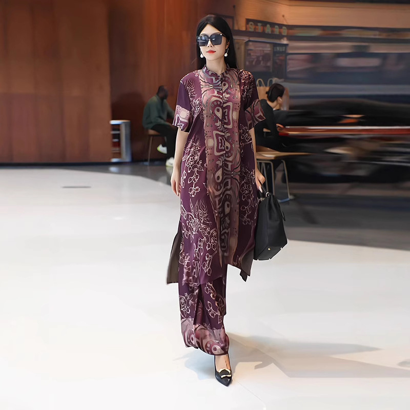 2025春夏国风复古印花女套装洋气减龄宽松大码女装中长款二件套
