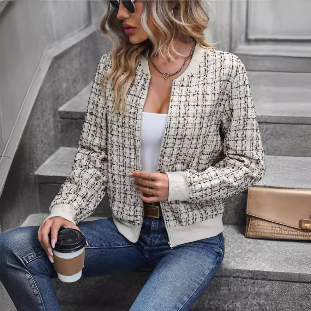 Damenbekleidung, neue Herbst-Langarm-Reißverschluss-verzierte Strickjacke, bedruckte Jacke, kleine Jacke_voghion.com