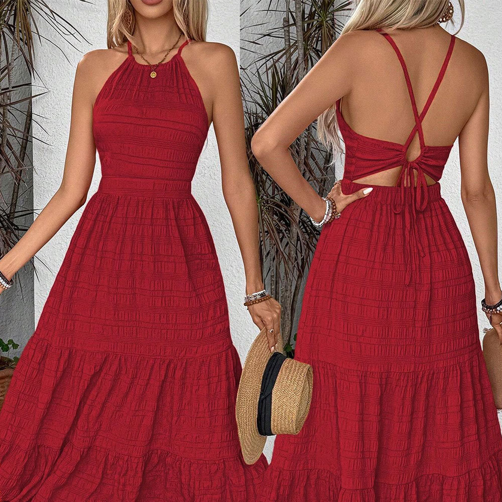 Vintage Red Halter Maxi Dress High Waist Backless Summer Style Womens Fashion Wholesale ready to ship