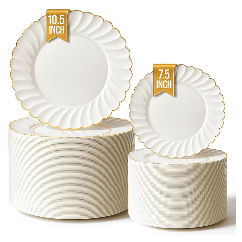 Cross-Border Disposable Plastic Western-Style Dinner Plate and Cutlery Set for Wedding Parties, Gold-Stamped Round Plates, Factory Wholesale Model, Round Shape