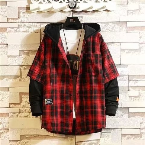 Red Mid-Length Long Plaid Shirt Men's New 2023 Spring & Fall Fake Two-Piece Sweatshirt Hooded Jacket