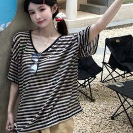 美式复古条纹拼接v领短袖T恤女夏季新款慵懒风薄款宽松中长款上衣