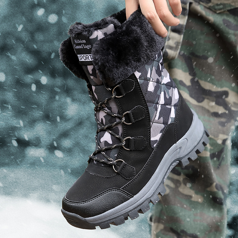 2025 transfronterizo de tamaño grande de soleas gruesas otoño y invierno nuevas botas de nieve cálidas de vello al aire libre zapatos de algodón camuflado verde