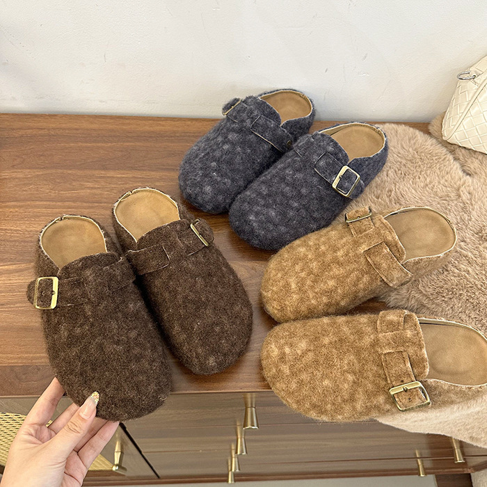 Retro Style~ Birkenstock Fur Slippers for Women 2025 Winter New Versatile Outer Wear Thick-Soled Toe-Toe Beanie Cotton Slippers