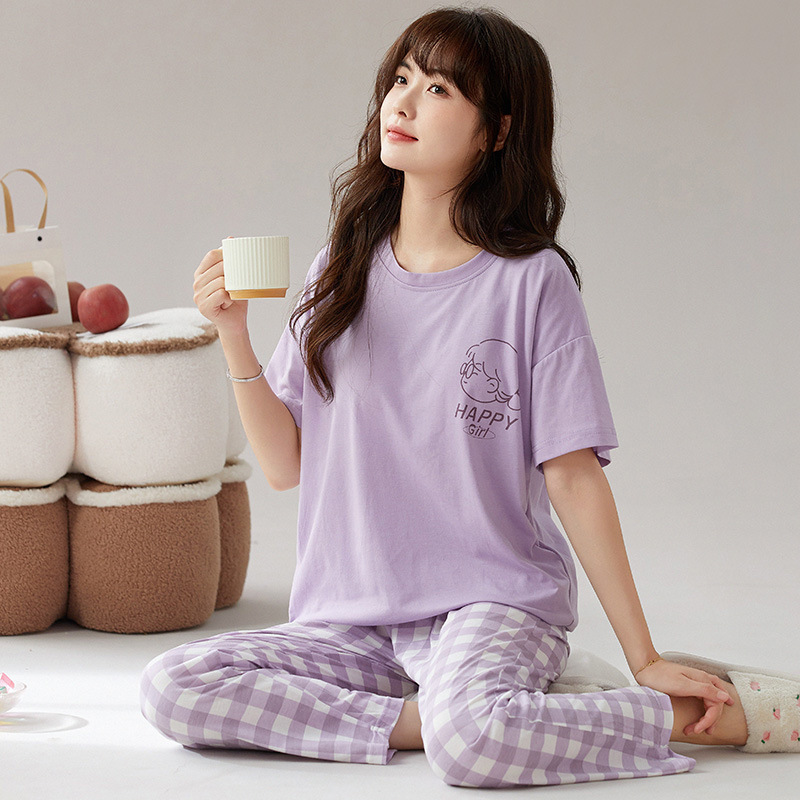 Short-Sleeved Long-Pants Pajamas for Women Summer Cartoon Cute Can Be Worn Outside Plaid Home Clothes Imitation Cotton Suit Summer Thin Style Short-Sleeved Long-Pants Pajamas for Women Summer Cartoon Cute Can Be Worn Outside Plaid Home Clothes Imitation Cotton Suit Summer Thin Style