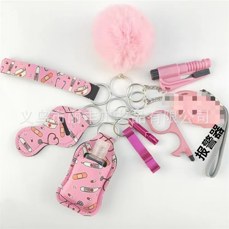 Llavero de muñeca de espejo cruzado Juego de 10 piezas Bolsa de desinfectante de manos para mujer Llavero de alarma de aluminio