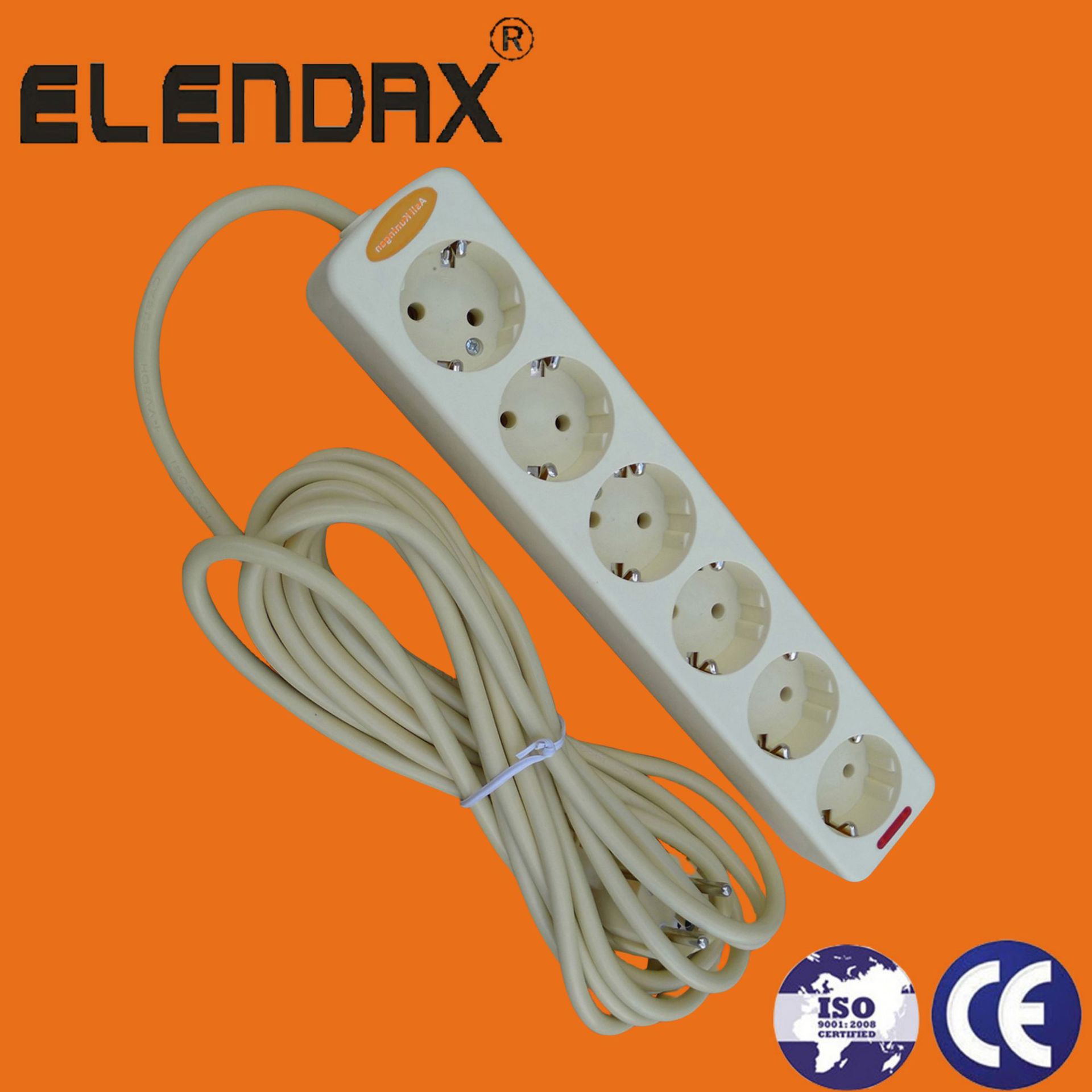 供应六位带灯带接地欧式插座 欧式拖线板　欧式排插（E5006E)