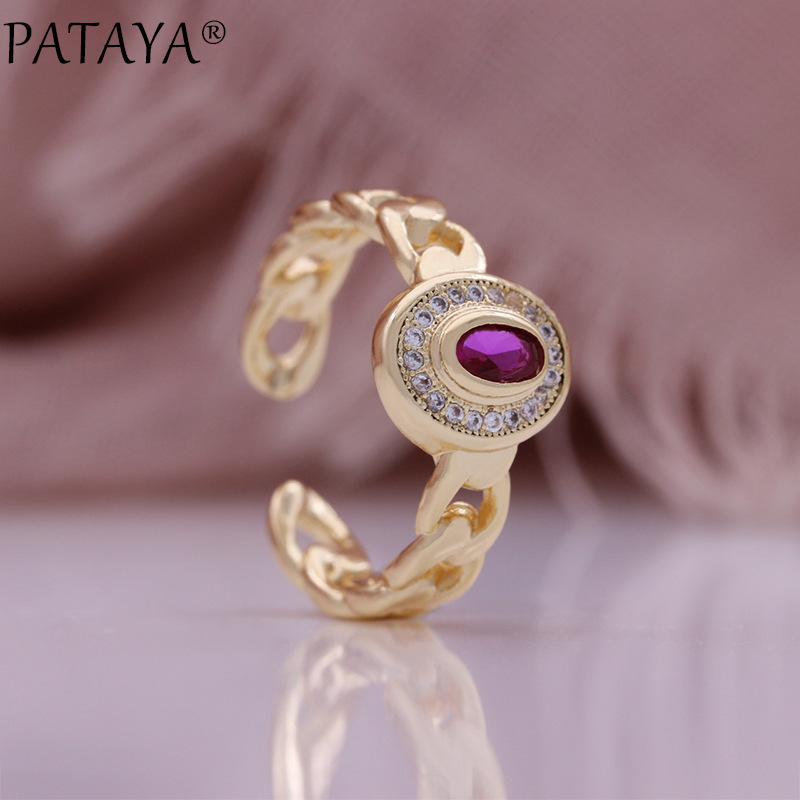 PATAYA New Rose Red micro inlaid zircon open ring champagne gold fashion engagement ring for women