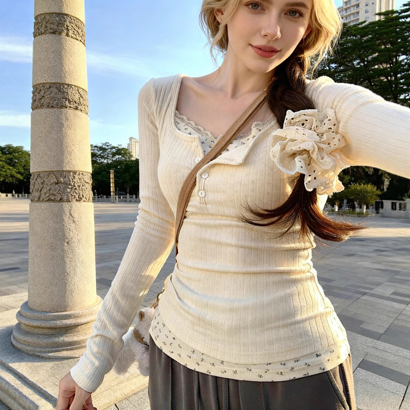 Cross-Border European, American, and Southeast Asian Style Faux Two-Piece Lace Slim-Fit Floral Base Slimming Pure Desire Style Long-Sleeve T-Shirt Top