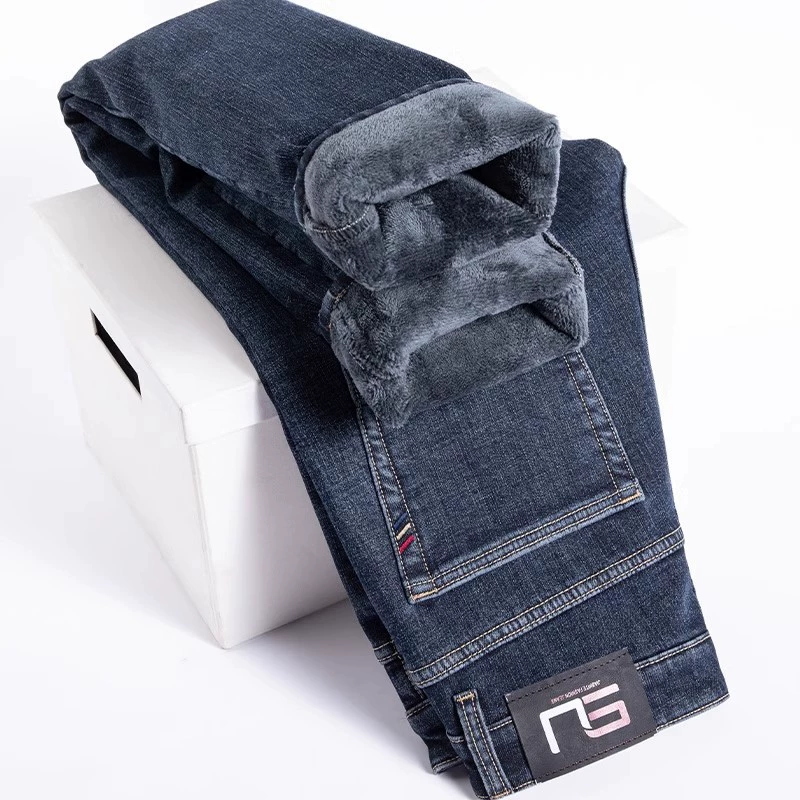 Плюшевые толстые джинсы мужские зимние новые прямые трубочки свободные осенние и зимние повседневные эластичные длинные брюки мужские