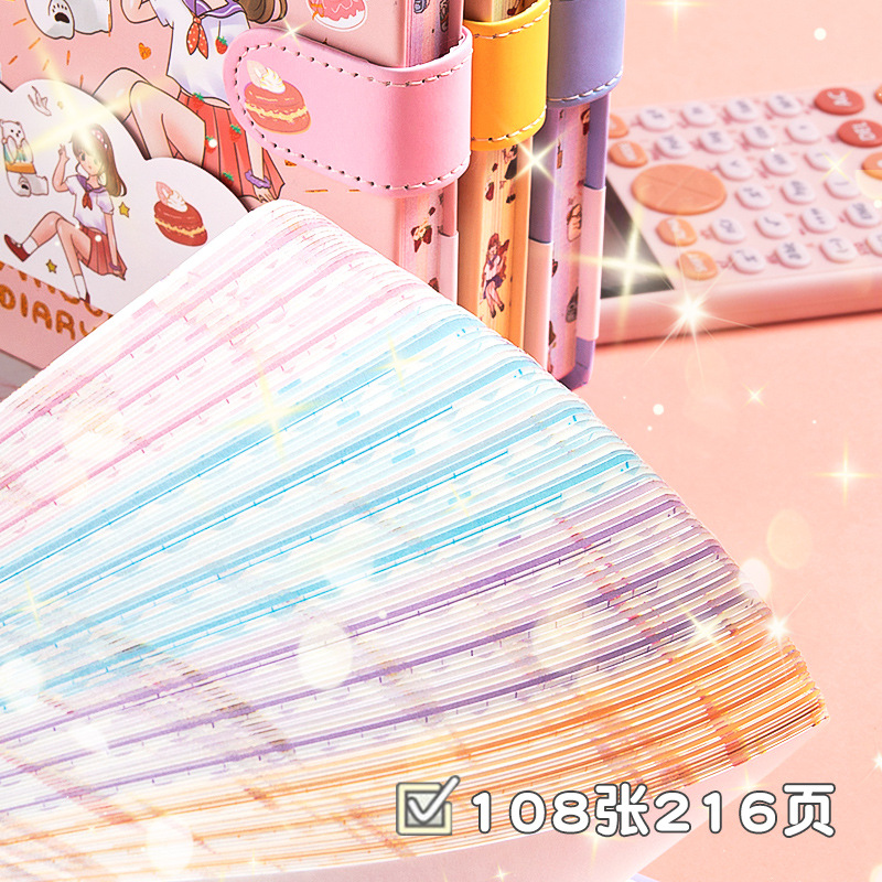 Libro de contabilidad de mano de dibujos animados, página en color, libro de hebilla magnética, libro de contabilidad de mano de corazón de niña linda, cuaderno de estudiante, cuaderno de diario