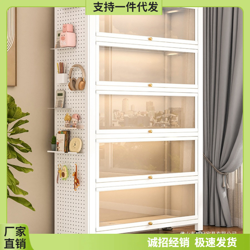 Steel Bookshelf with Door Glass Bookcase Floor-Standing Dust-Proof Iron Hand-Made Display Cabinet Home Storage Cabinet Storage Cabinet