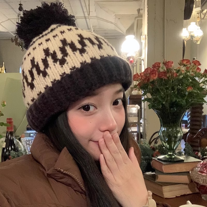 フェア島風毛糸帽子女子秋冬レトロ百合大頭囲保温ニット帽子顔小耳保護帽子