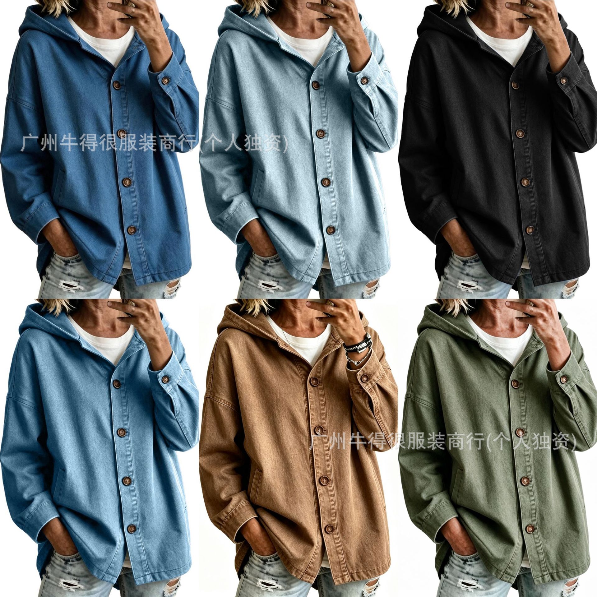 European and American style, relaxed-fit denim jacket with a hood, drop-shoulder design, button-down, women's denim jacket