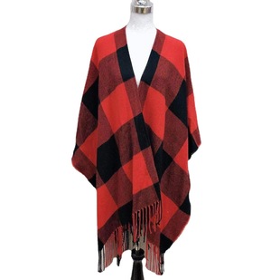 Manufacturer Customized Imitation Cashmere Two-Color Classic Plaid European and American Street Fashion Slit Shawl Autumn and Winter Tassel Cloak