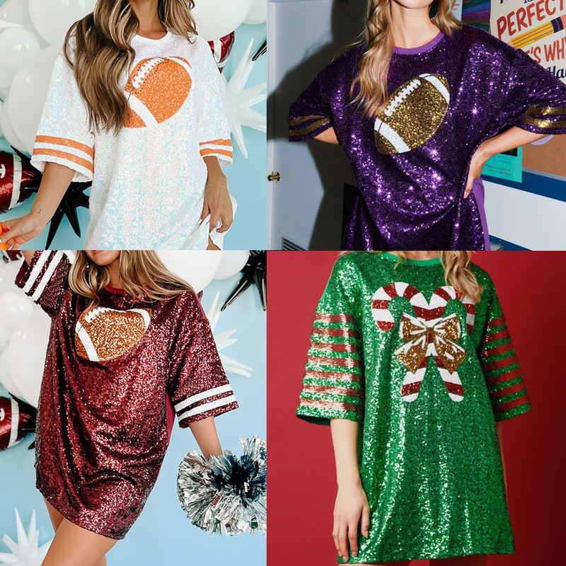 Cross-Border Hot Selling European and American Fashion Sequined Casual Uniforms Cheerleading Rugby Uniforms Women's Tops Long T-Shirt 3604 Cross-Border Hot Selling European and American Fashion Sequined Casual Uniforms Cheerleading Rugby Uniforms Women's Tops Long T-Shirt 3604