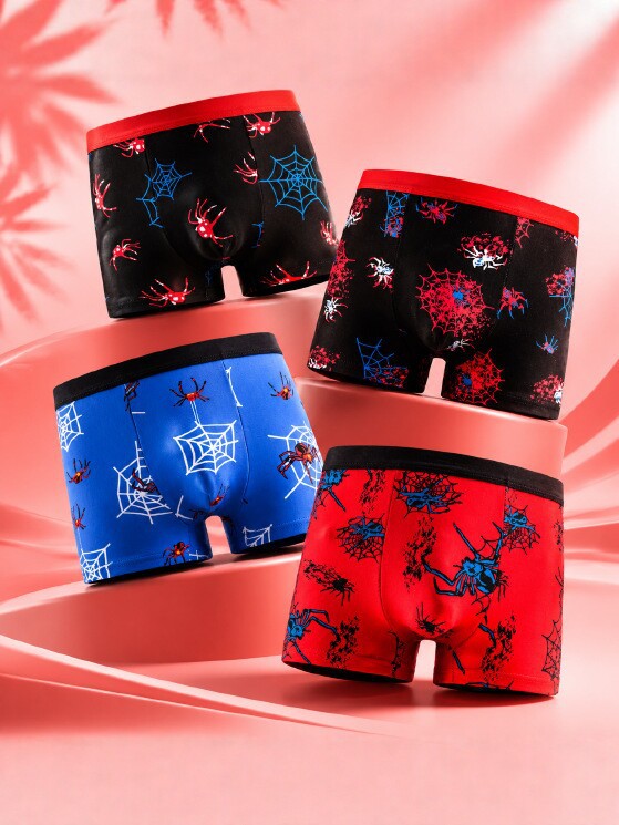 Children's Pure Cotton Boxer Briefs for Boys with Cartoon Spider Web Print, Breathable and Comfortable, Mid-Waist Flat-Angle Briefs for Babies in Summer