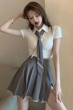 夏季女装套装时尚韩版短款上衣+高腰开叉百褶裙子两件套修身性感